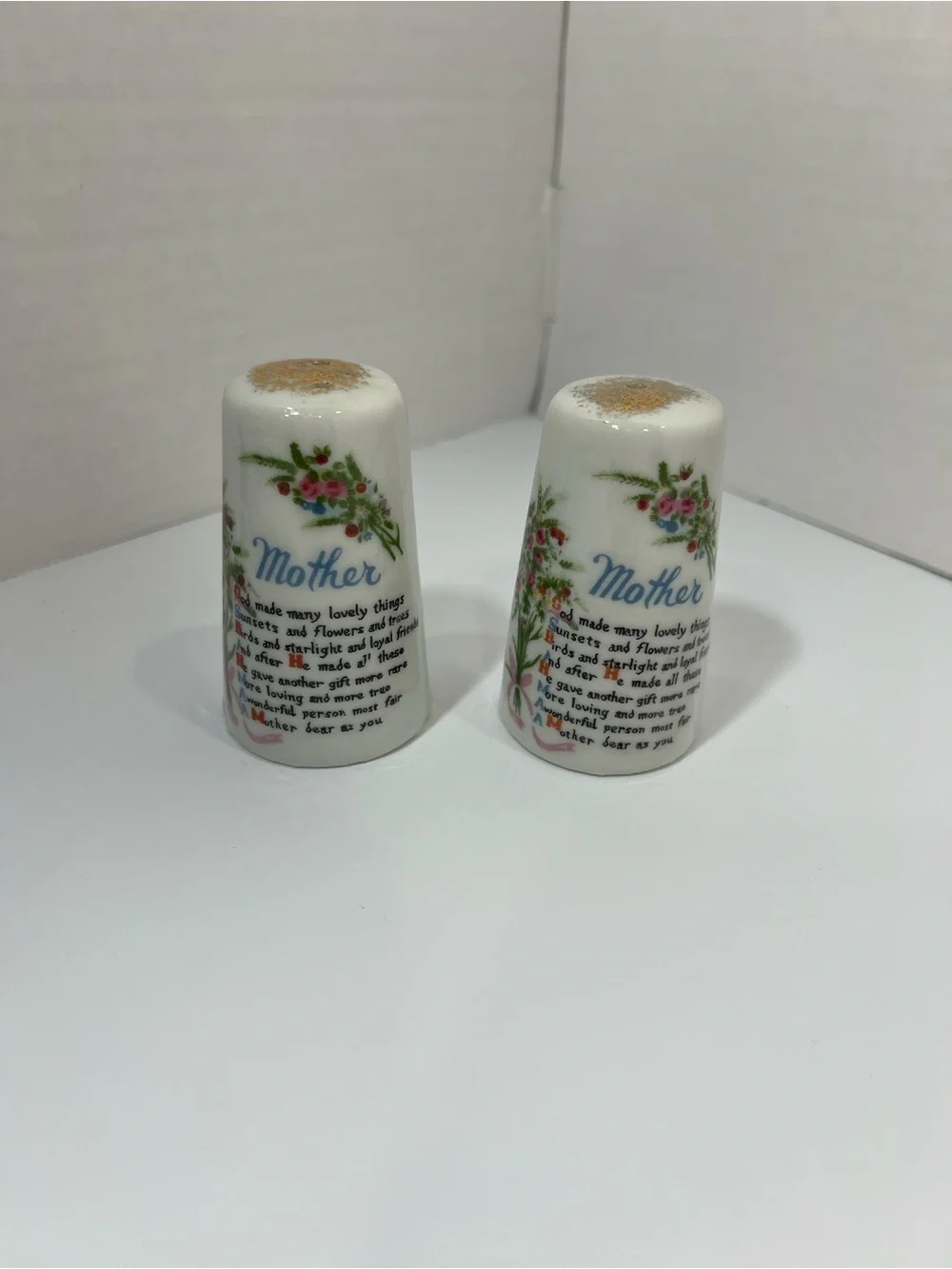 Vintage Porcelain Mother Poem/Tribute Salt & Pepper Shaker